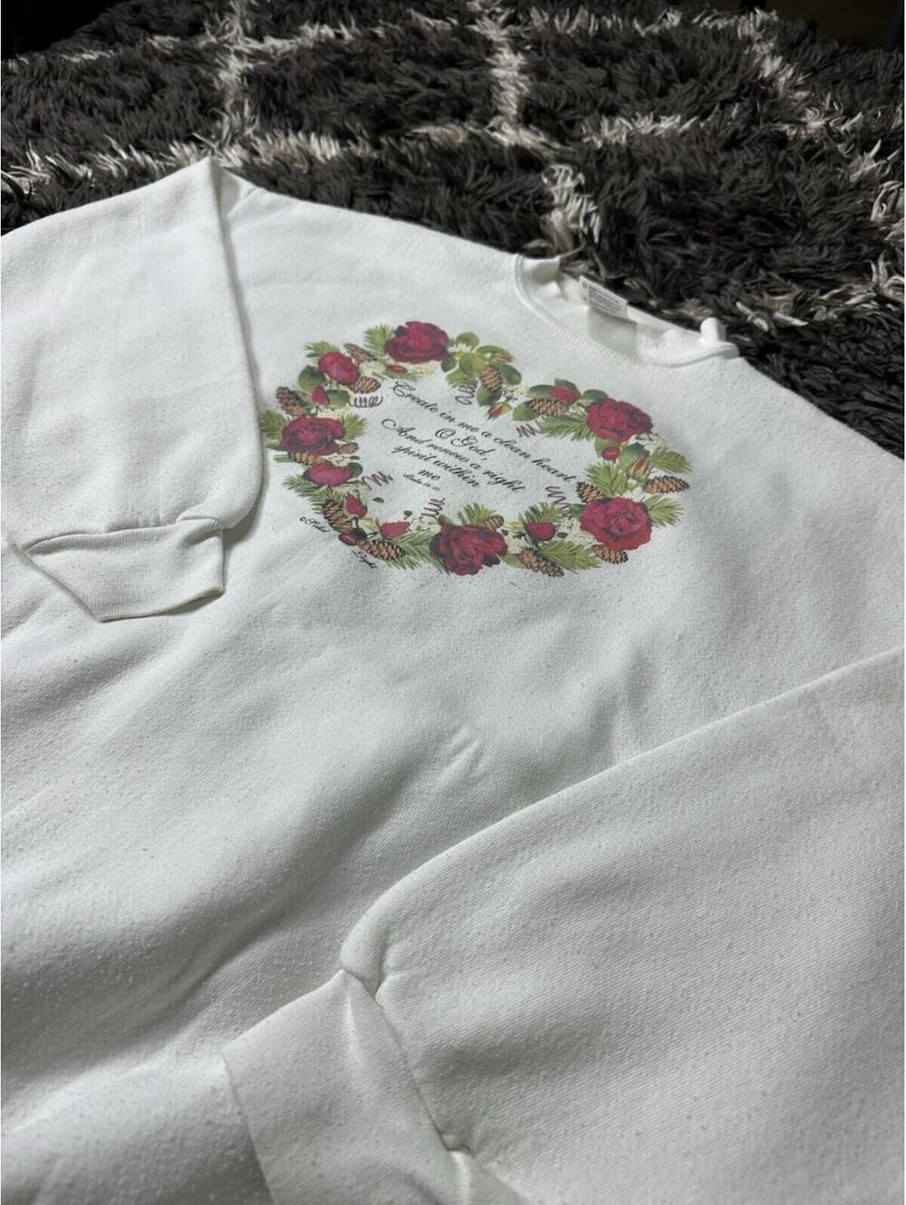 Vintage 90s Christian Sweatshirt XL Tultex Bible Verse Psalm Floral Heart White